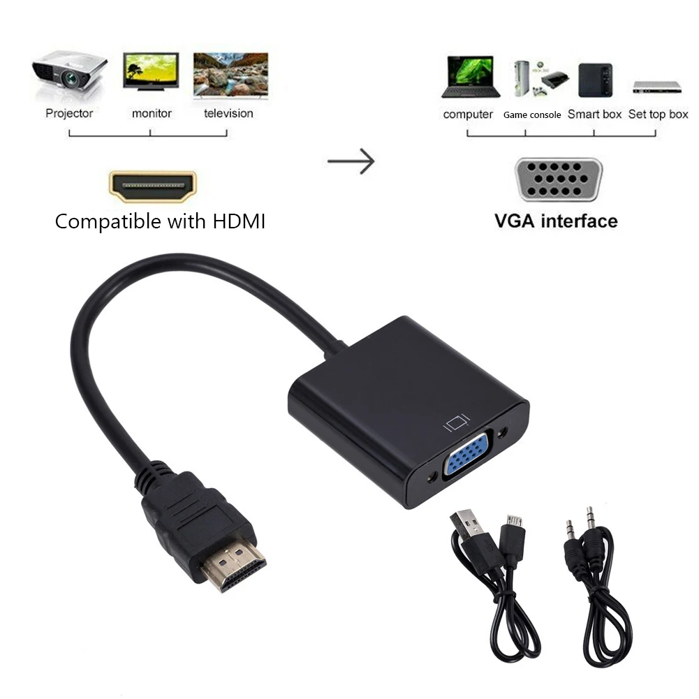 

Переходник HDMI/VGA, конвертер «Папа-мама», с кабелем питания 3,5 мм, для настольного ноутбука, ПК, проектора, HDTV