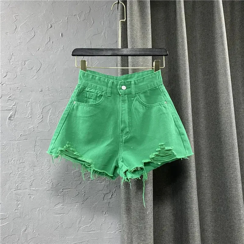 

Летние новые стильные брюки с широкими штанинами карамельные цвета рваные джинсовые шорты женские с высокой талией зеленые трапециевидные женские джинсовые шорты Горячие Штаны