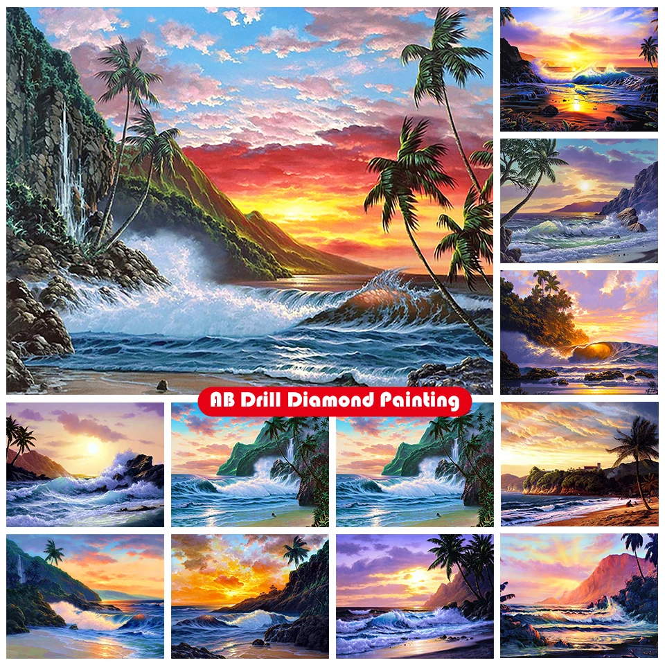 

Zipper Bag 5D DIY AB Diamond Painting Kit Landscape Seaside Sunset Full Square Round Diamond Embroidery Mosaic Home Decor