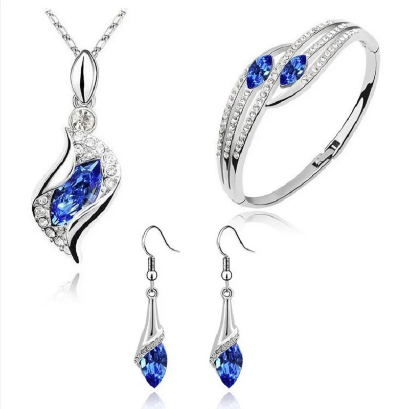 

Luxury 925 Sterling Silver Crystal Wedding Engagement Jewelry Set For Women Pendant Necklace Earrings Bangle Set Fashion Jewelry