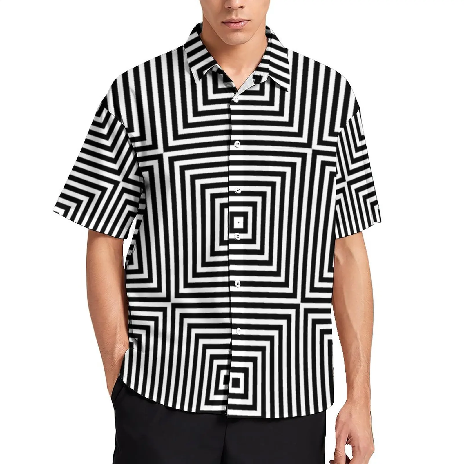 

Psychedelic Casual Shirts Square Optical Illusion Vacation Shirt Hawaii Trending Blouses Men Custom Plus Size