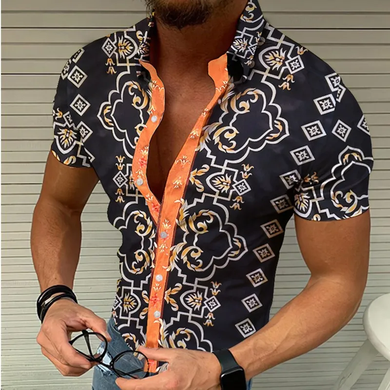 

2022 Summer New Mens Vintage Ethnic Printed Black Shirt Trendyol Men Oversized Hawaii Short Sleeve Beach Shirts Camisa Masculina