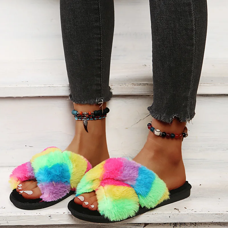 Women's Fuzzy Fluffy Furry Fur Slippers Flip Flop Open Memory Foam Sandals Slides Soft Flat Comfy Anti-Slip Indoor Outdoor images - 6