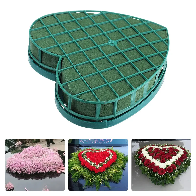Caja de jaula de espuma con forma de corazón, con ventosa, bloque Floral húmedo, barro Artificial, arreglo Floral, para coche de boda, Verde