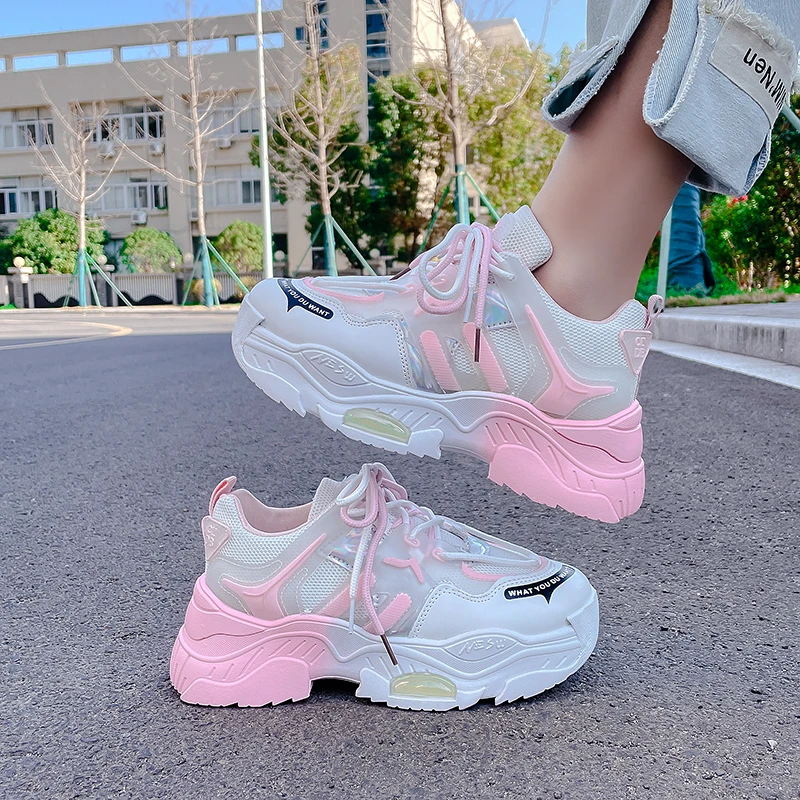 

Дизайнерская Женская обувь на платформе, женская обувь для тенниса, женская обувь, обувь, плоская платформа, розовая, белая