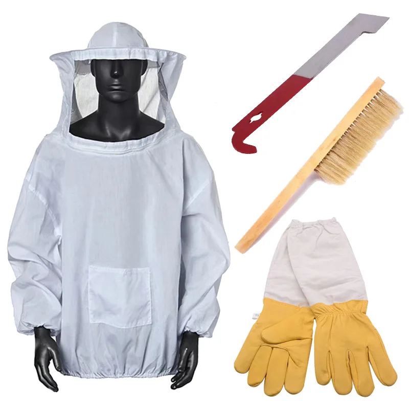 

4Pcs/set Foldable Beekeeping Suit Split with Hat Bee-proof Clothes Scraping Knife Brush Sheepskin Gloves Bee-keeping Tools