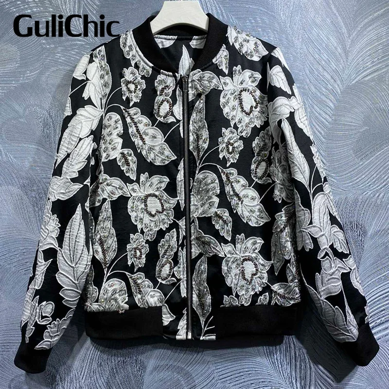 

Женский жаккардовый пиджак GuliChic высокого качества контрастных цветов со стразами и воротником-стойкой, свободная куртка на молнии 8,19