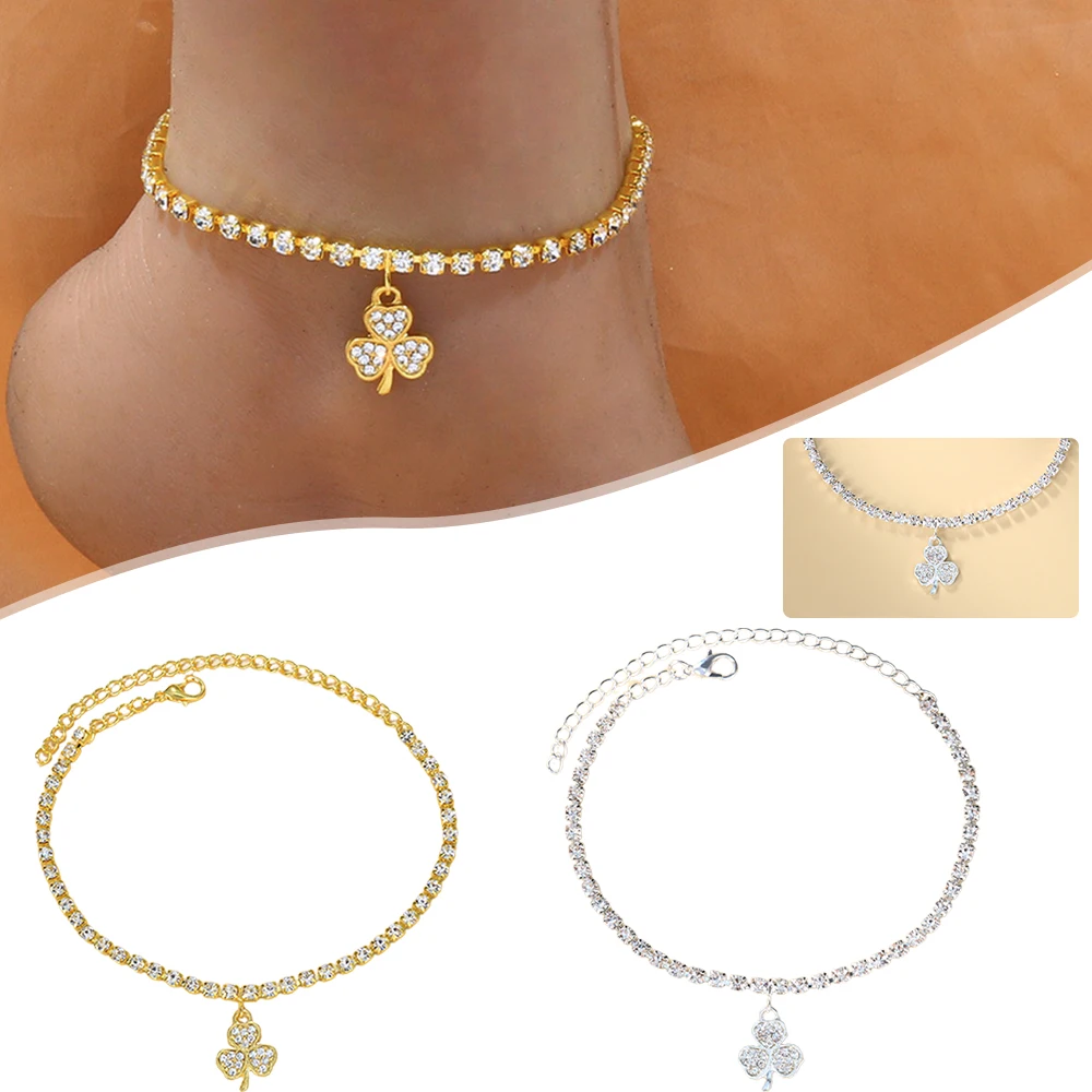 

Shiny Rhinestone Anklet Bracelet Clover Pendant Alloy Wrist Ankle Chain for Girls Ladies Glittery Woman's Jewelry H9