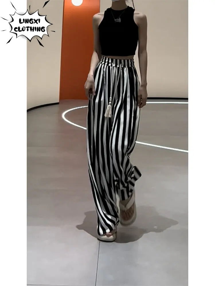 High Elastic Panty Summer New Leisure Sports Striped Loose Large Size High Waist Straight Pants Harem Pants Women Sweatpants