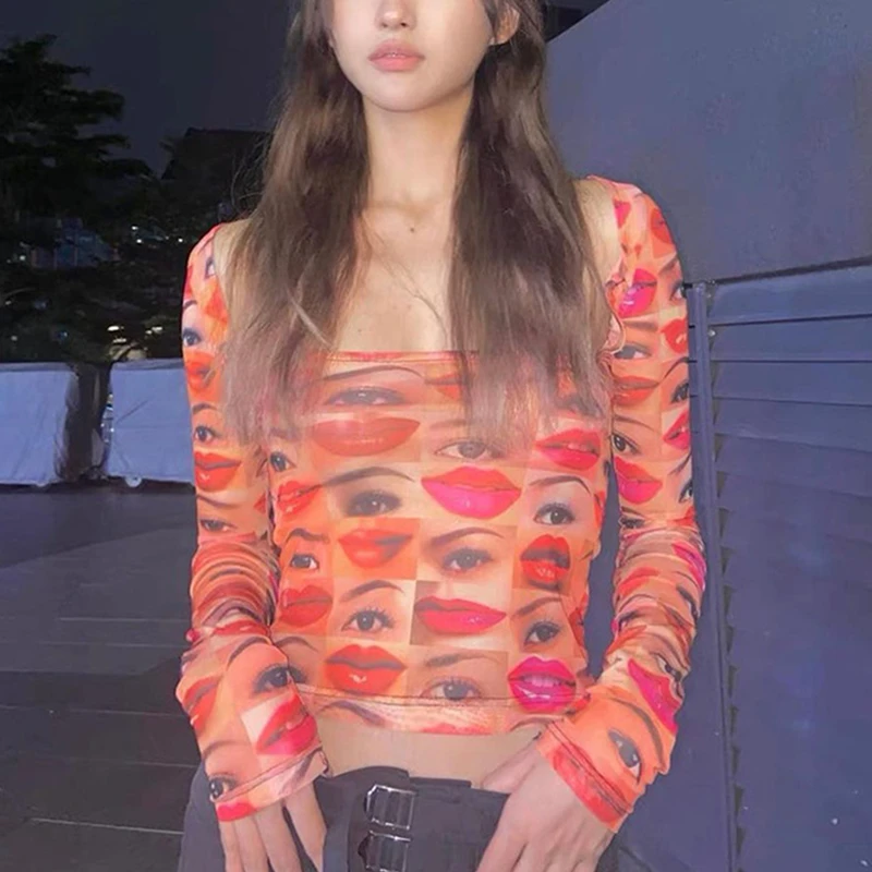 

y2k Graphic Crop Top 2000s Aesthetic Women Lips and Eyes Print Square Collar Long Sleeve T Shirt Funny Clothes Casual Streetwear