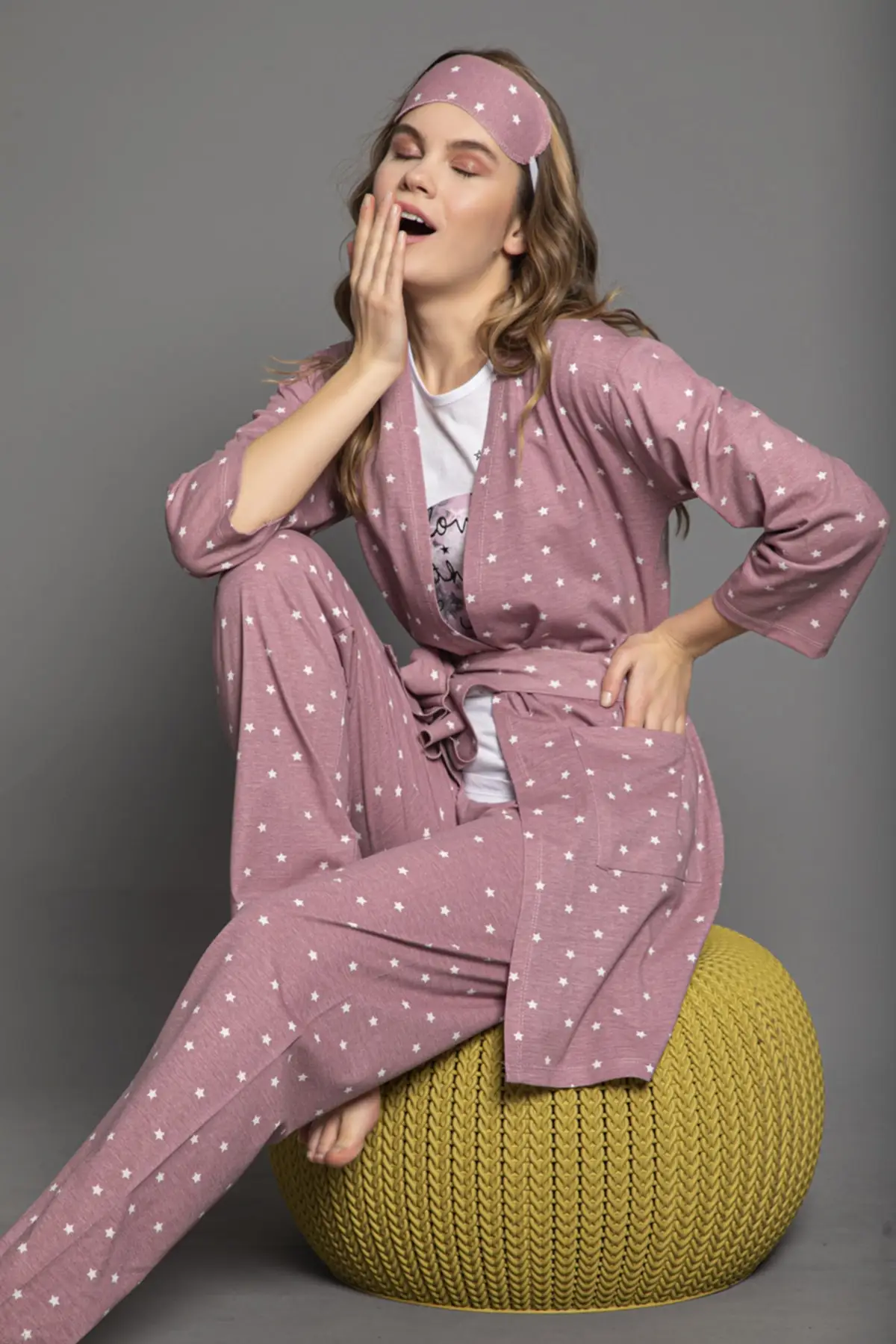 

Women's Pajamas Crew Neck Rose Dream White Stars Sleeping Band Pajama Set Dressing Gown