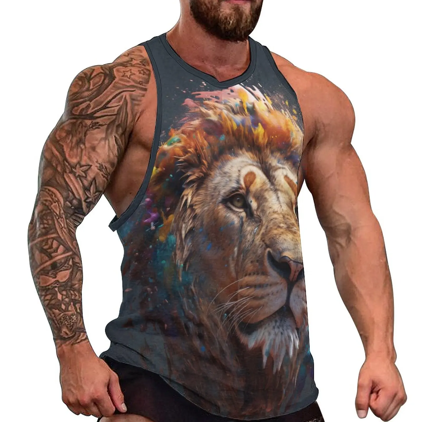 

Lion Tank Top Man's Liquid Splash Explosion Workout Oversize Tops Summer Muscle Graphic Sleeveless Vests