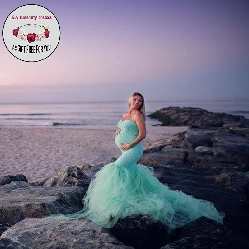 Women Mermaid Maternity Dress for Photography Props Shoulderless  Lace Splicing Tulle   Pregnancy Dress Photo Shoot Maxi Gown