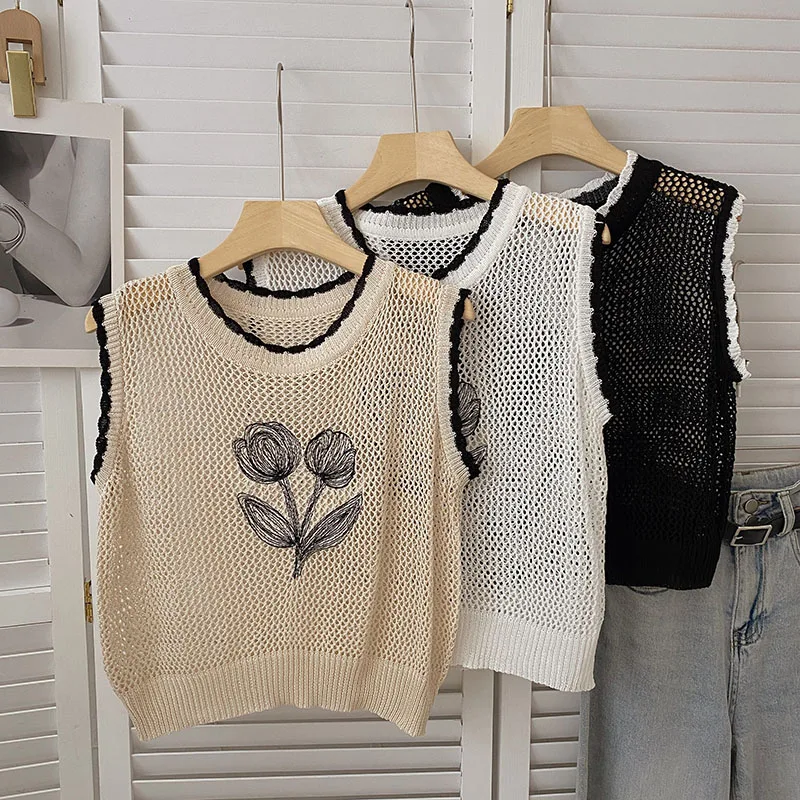 

Korean Style Knitted Vest Women's Summer Floral Embroidered Knitwear Sleeveless Shirt Crop Top Camis Female Clothing Streetwear