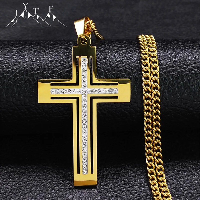 

Hip Hop Crystal Cross Pendant Necklace Chain for Men Stainless Steel Rhinestone Necklaces Punk Jewelry Gift Collar de Cruz N4946