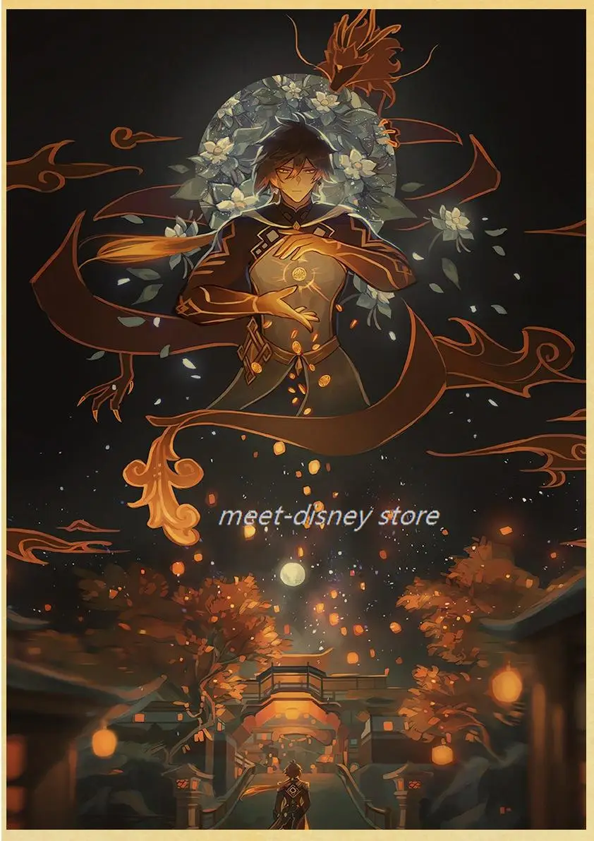 Популярная игра постеры Genshin Impact мультфильм крафт-бумага декор для комнаты