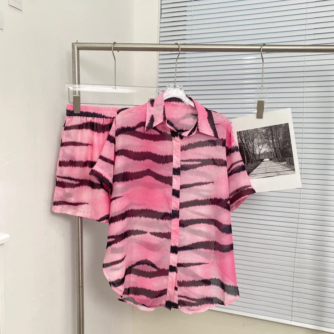 

2022 Summer Woman's Sets Zebra Printed Pink Sexy See-through Suits Shirts + Shorts Loose Sets 2 Pieces