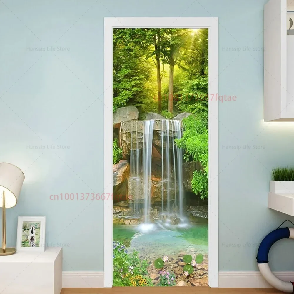 Наклейка на дверь с пейзажем водопада самоклеящаяся домашняя декоративная