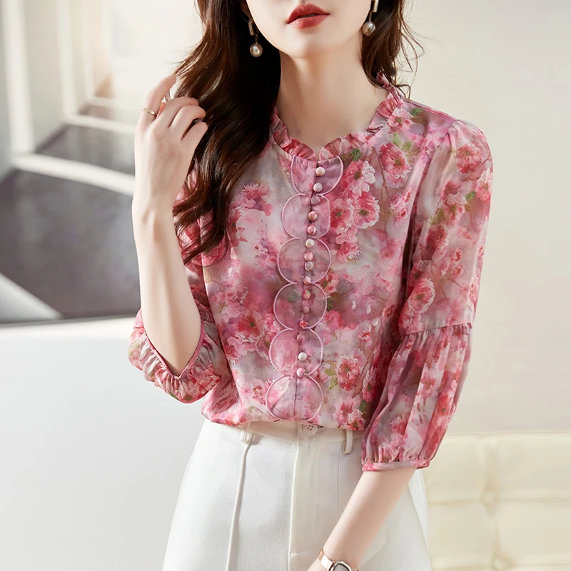 

Elegant Ruffles Spliced Folds Embroidery Floral Blouse Women Clothing 2023 Summer New Casual Pullovers Lantern Sleeve Shirt
