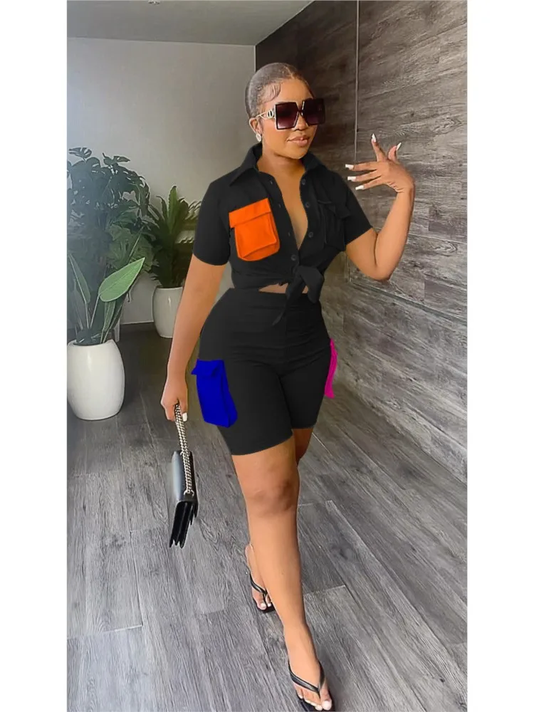 

Женский костюм-двойка с карманами Merloly, летний костюм в стиле пэчворк из рубашки с коротким рукавом и шортов, спортивный костюм в стиле сафари, 2023