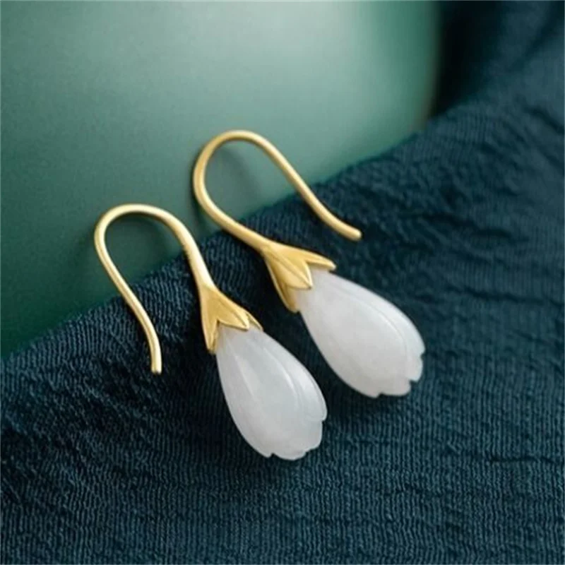 

Exquisite Jade Bud Orchid Flower Drop Earrings Lady Fashion Ear Hooks 925 Silver Earrings Female Ear Jewelry Gift