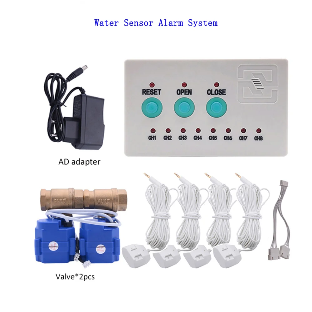 Water Sensor Detector ( 4pcs Cables ) with 2pcs DN15 Valves Against  Leaking for Overflow Detecting Flood Level Smart Alarm