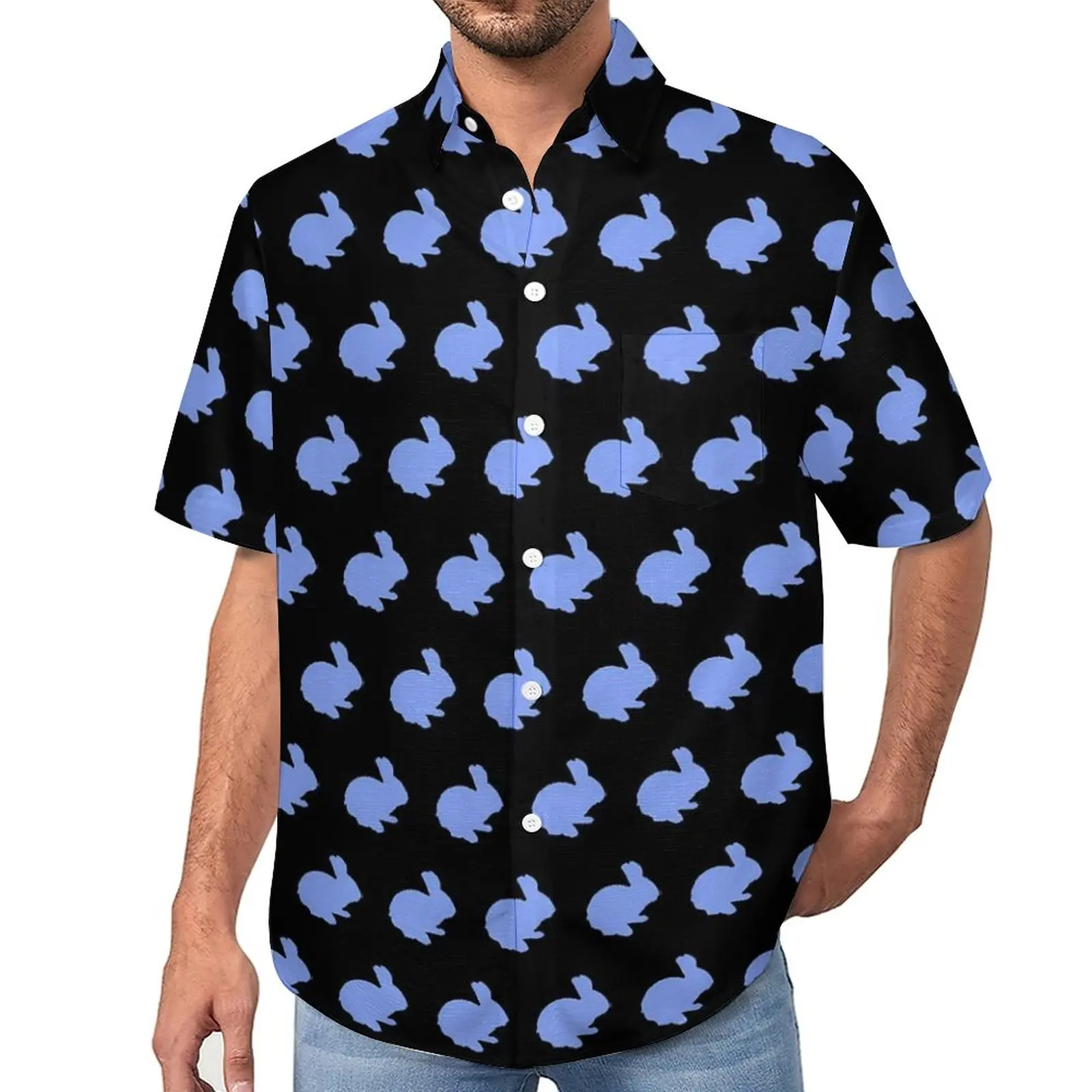 

Bunny Rabbit Loose Shirt Men Vacation Blue Polka Dot Casual Shirts Summer Graphic Short Sleeves Cool Oversize Blouses