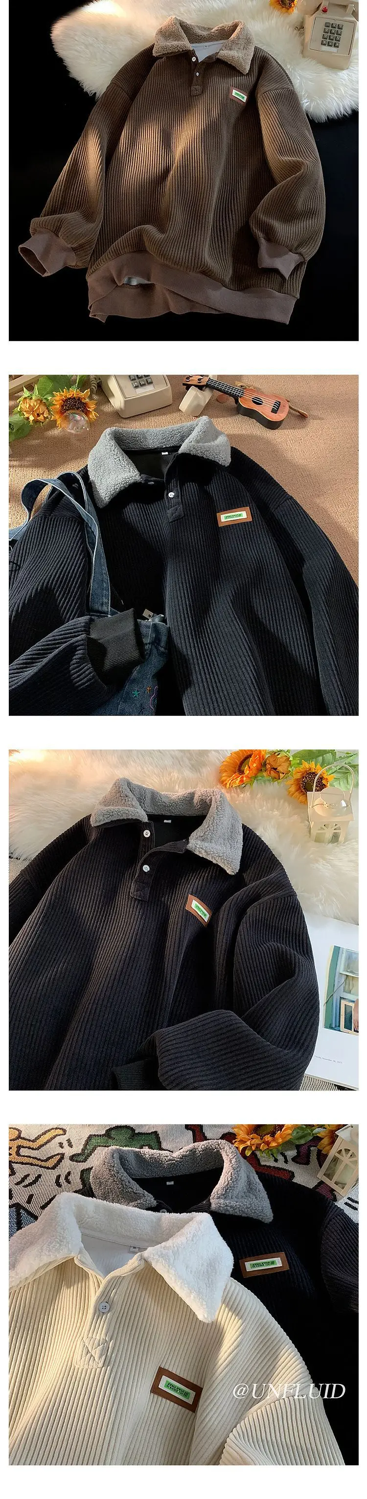 Viya Вельветовая толстовка с воротником-поло мужская осенне-зимняя стильная