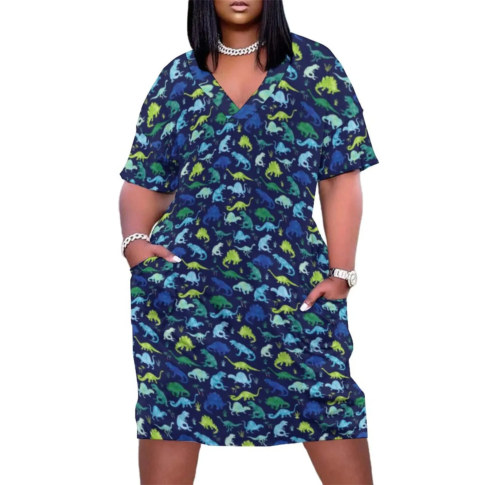 

Watercolor Dinosaurs Casual Dress Female Animal Silhouette Cute Dresses Spring V Neck Aesthetic Pattern Dress Plus Size 4XL 5XL