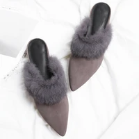 newcurve mules for women kid suede with rabit fur pointed toe mid heels slip on loafer slingback backless casual slippers