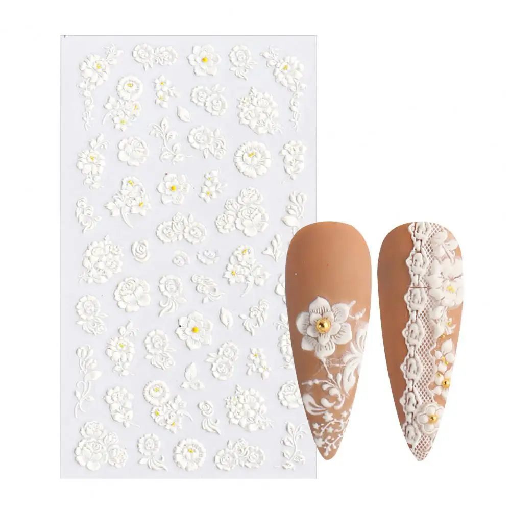 

Nail Sticker Lace Design 5D Engraved Nail Art Decoration Manicure White Rose Flower Tips for Female