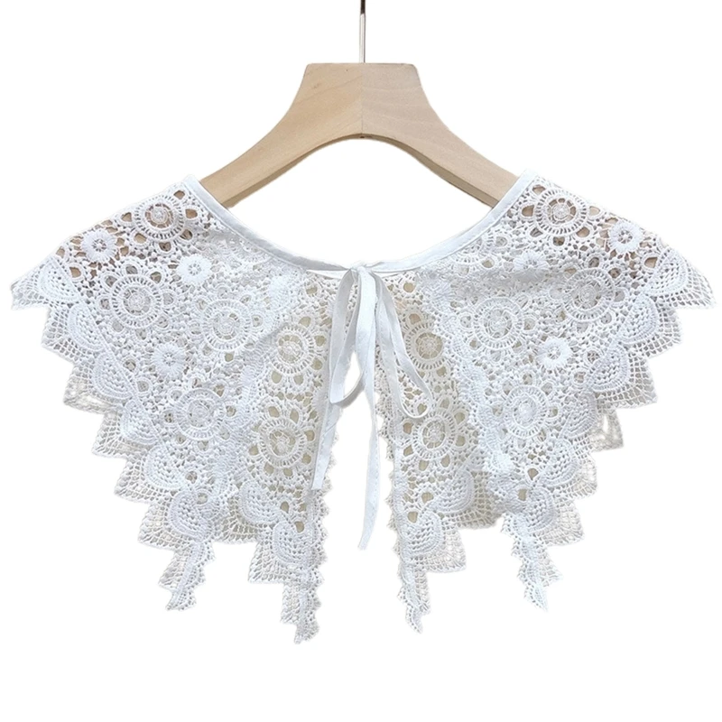 

Women Hollow Out Lace Fake Collar Triangular Shawl Elegant Embroidery Floral Wavy Trim Lace-Up Scarf Capelet Accessories