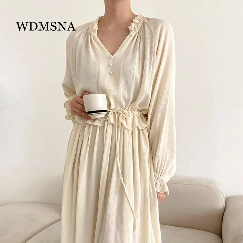 

Модное темпераментное платье WDMSNA с оборками и V-образным вырезом, женское кружевное приталенное платье с расклешенным рукавом, женское плат...