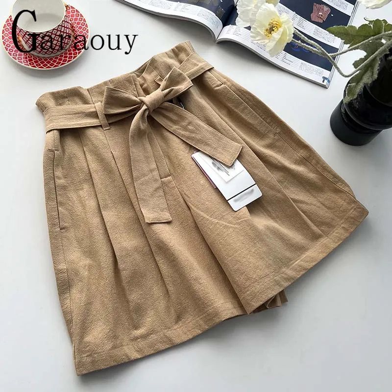 

Garaouy 2023 Fashion Solid High Waist Pleated Shorts Summer Woman Cotton Linen Waistband Loose Wide Leg Hot Short Pants Female