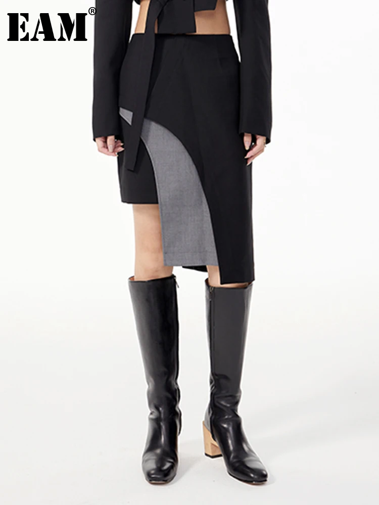 

[EAM] Женская Асимметричная Повседневная юбка средней длины с высокой талией серого и черного цвета, модная новинка сезона весна-осень 2022 1DE2559