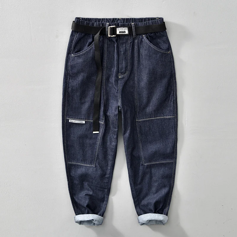 

Vintage Washed Denim Jeans Men Spring Autumn New Belt Large Pocket Loose Tooling Harem Jeans Retro Casual Wild Solid Ankle Pants