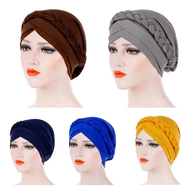 

New Muslim Monochrome Braided Pigtail Hat For Women Turban Wrap Cap Fashion Milk Silk Indian Hat Wholesale