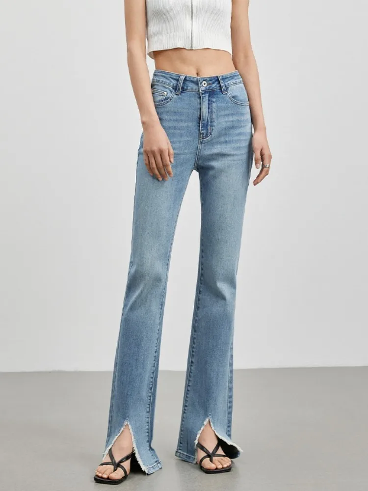 

ZHISILAO New Flare Jeans Women Vintage Split Classic Blue High Waist Skinny Full Length Denim Pants Spring 2023