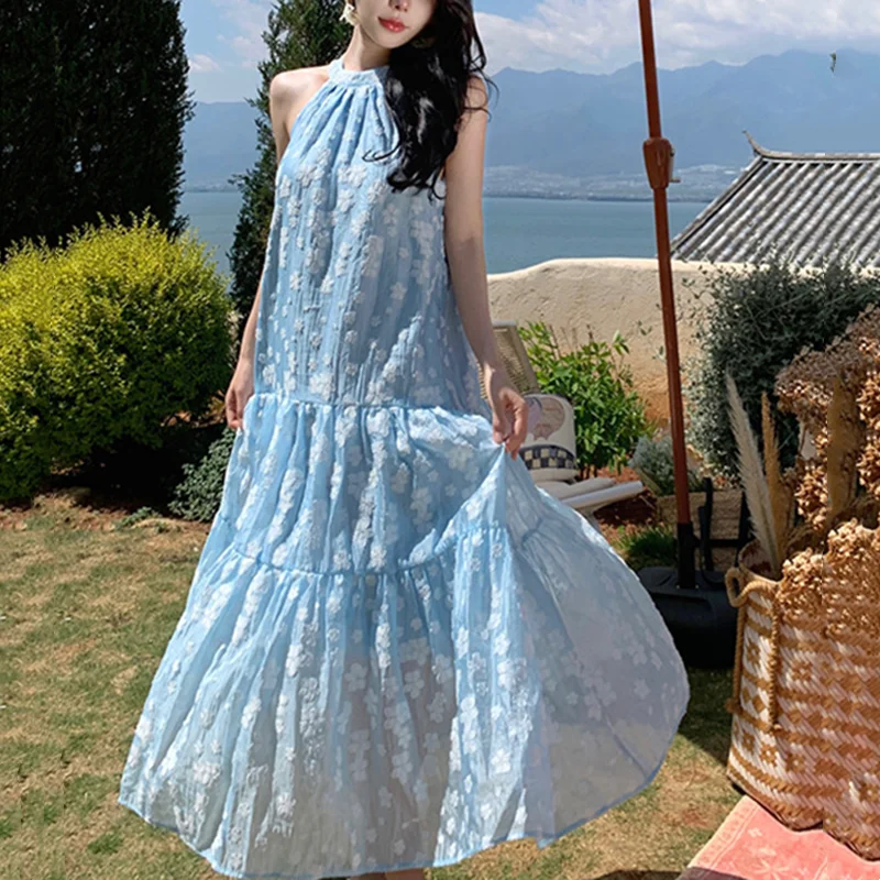 

Summer New Sleeveless Back Lace-Up Hanging Neck Maxi Dress Sexy Flower Print Loose Beach Holiday Casual Women's Clothing