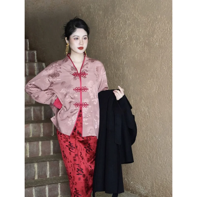 

Luxury Satin V Neck Plate Buckle Long Sleeved Blouse Tang Suit Skirt Female Elegant Wedding Bride Banquet Dress New Year Dress