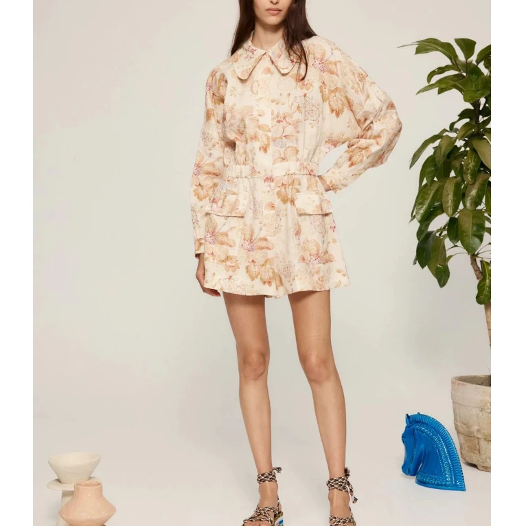 2023 Early Spring Autumn Top Quality Floral Printing Pure Linen Vintage Ease Beige Playsuit for Women Daily Wearing
