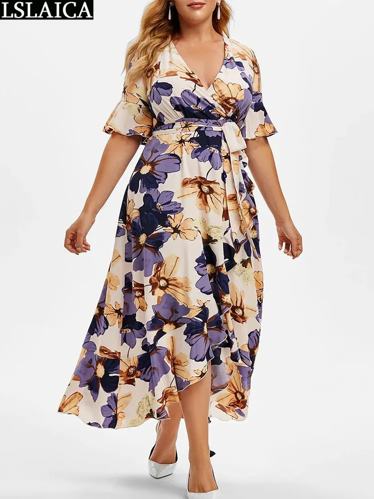 

Богемное длинное платье, летнее женское платье с v-образным вырезом, шикарное, 2023, элегантное, Бандажное, размера плюс, с коротким рукавом, женские платья, большие качели, для выпускного вечера