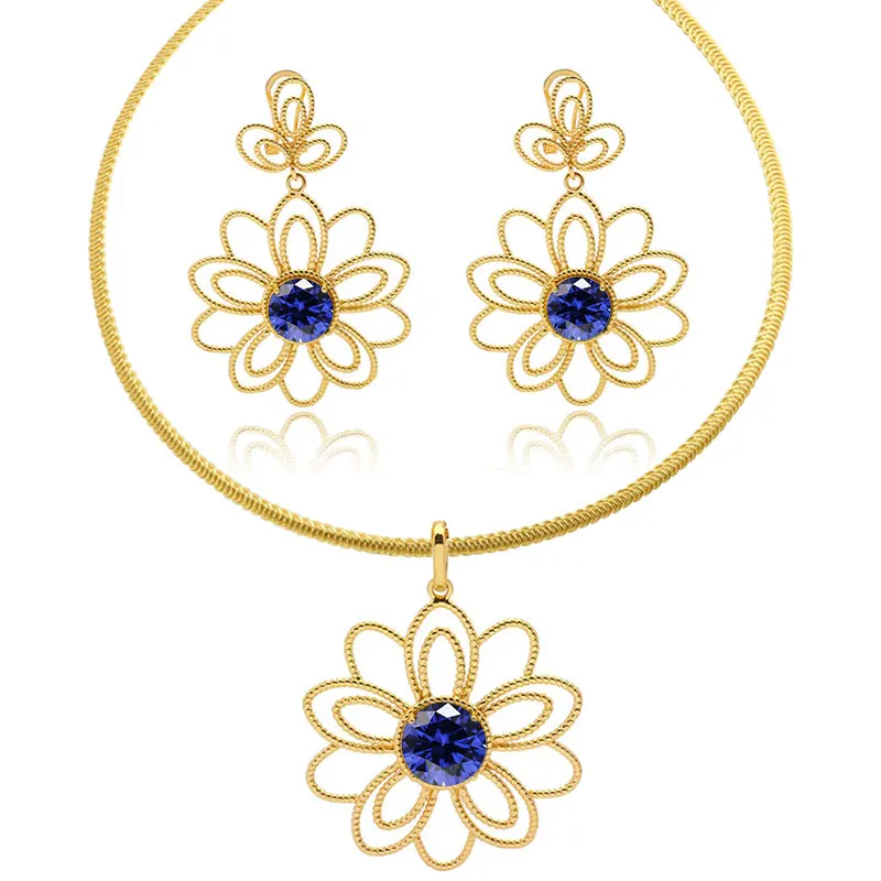 

Green Red Blue Zirconia Jewelry Set for Women Gold Floral 18K Dubai Stud Earrings Party Jewellery Sets Necklace and Earrings