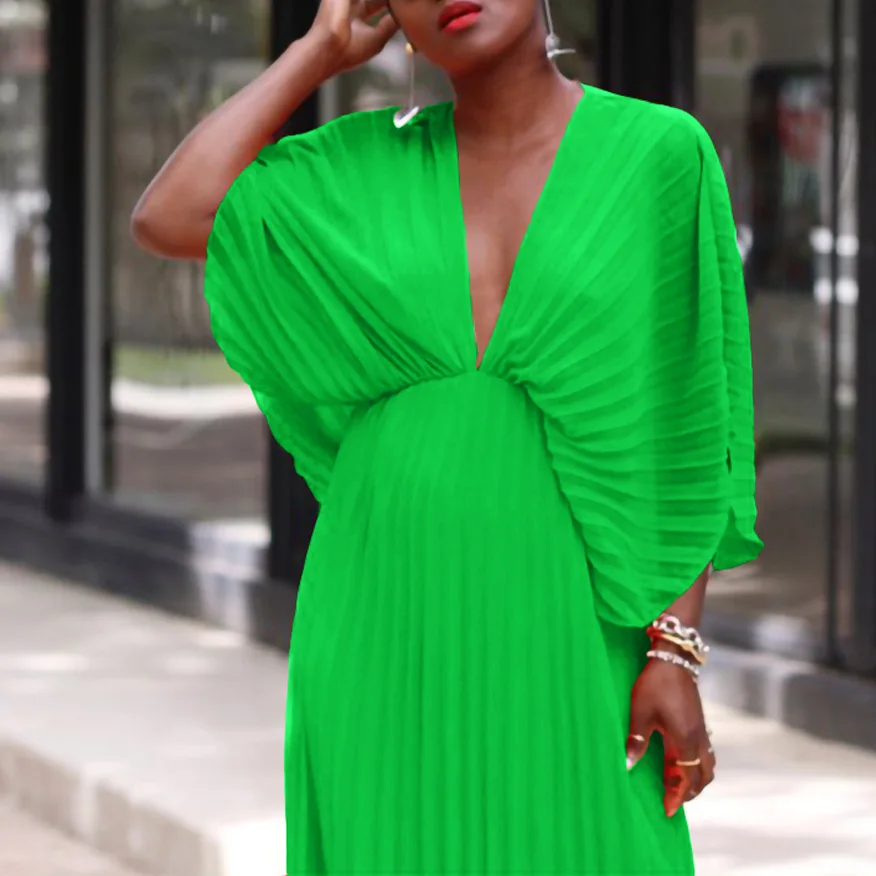 Plus Size Party Dress Batwing Ruffle V Neck Elegant Women Cloth Chubby Female Luxury Long Robe 2023 Summer Trendy Wide Dress