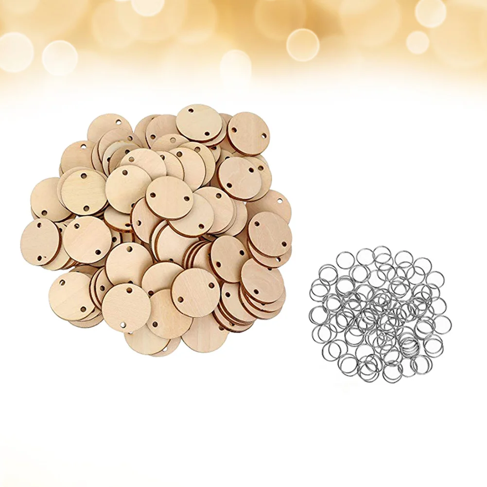 

100pcs Round Wooden Discs with Holes Calendar Tag Reminder Record Wood Chip Wood Tags and 100pcs Iron Rings for