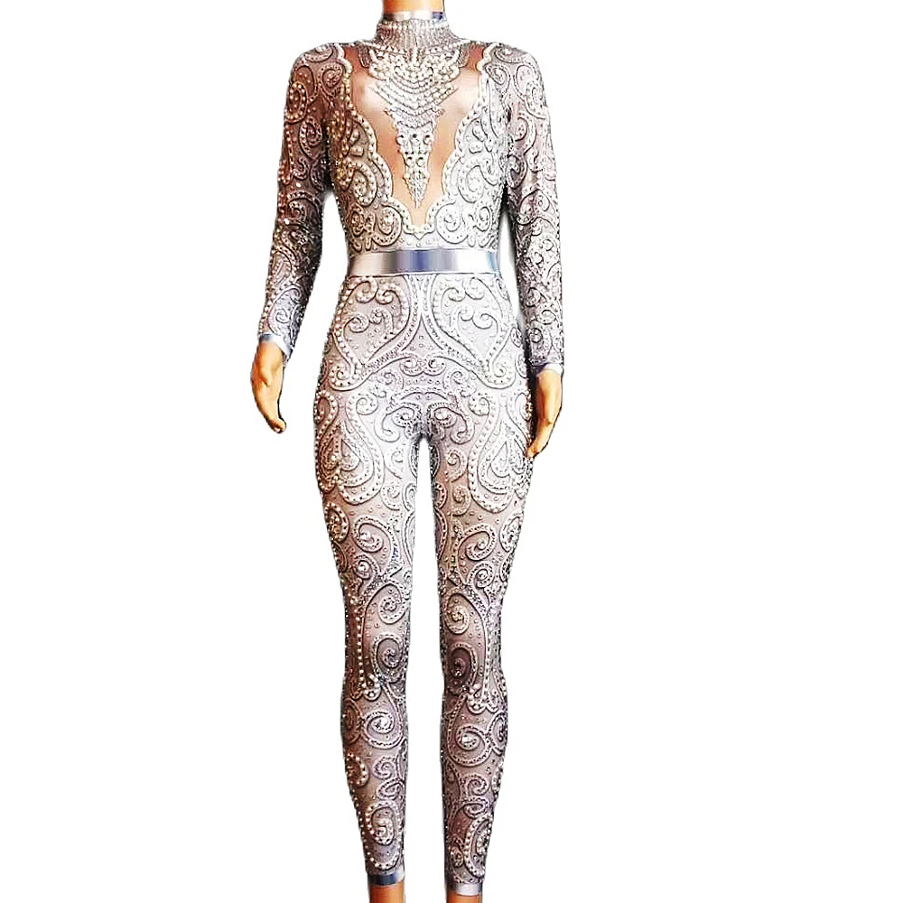 

Long Sleeves Shining Pearls Crystal Sexy Printing Jumpsuits For Women Nightclub DJ Clothing Stage Singer Perform Costumes