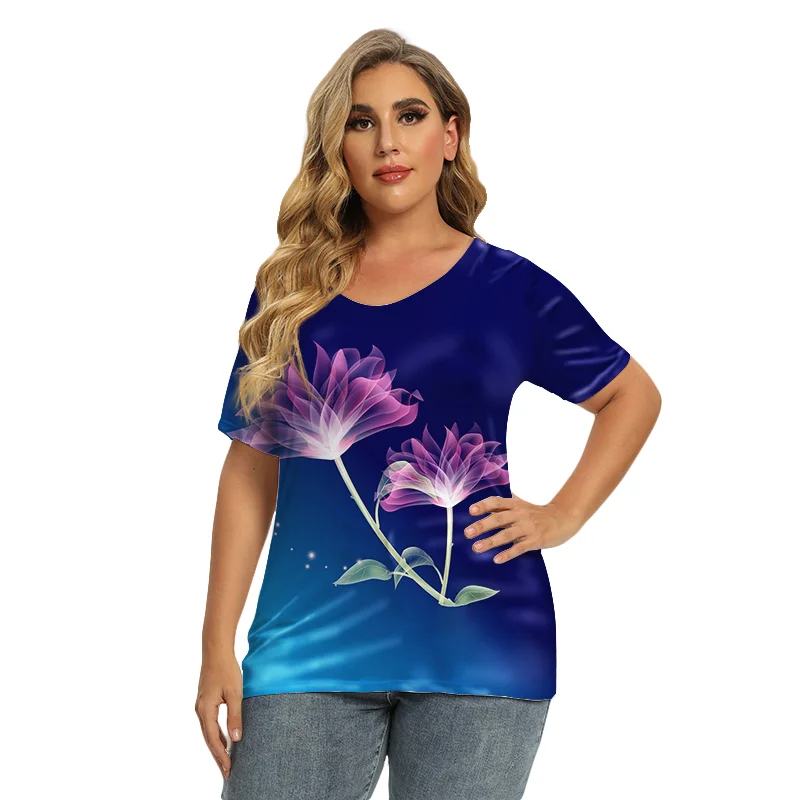 

3D Floral Gradient Casual T-Shirt Summer Short Sleeve Lady Cotton Tops Plus Size Women T Shirts Fashion All-match Harajuku Tops