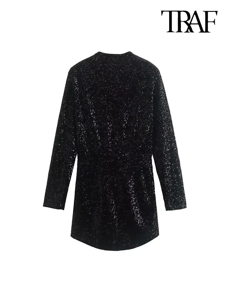

TRAF Women Sexy Fashion Shiny Sequin Mini Dress Vintage V Neck Long Sleeve Female Dresses Vestidos Mujer
