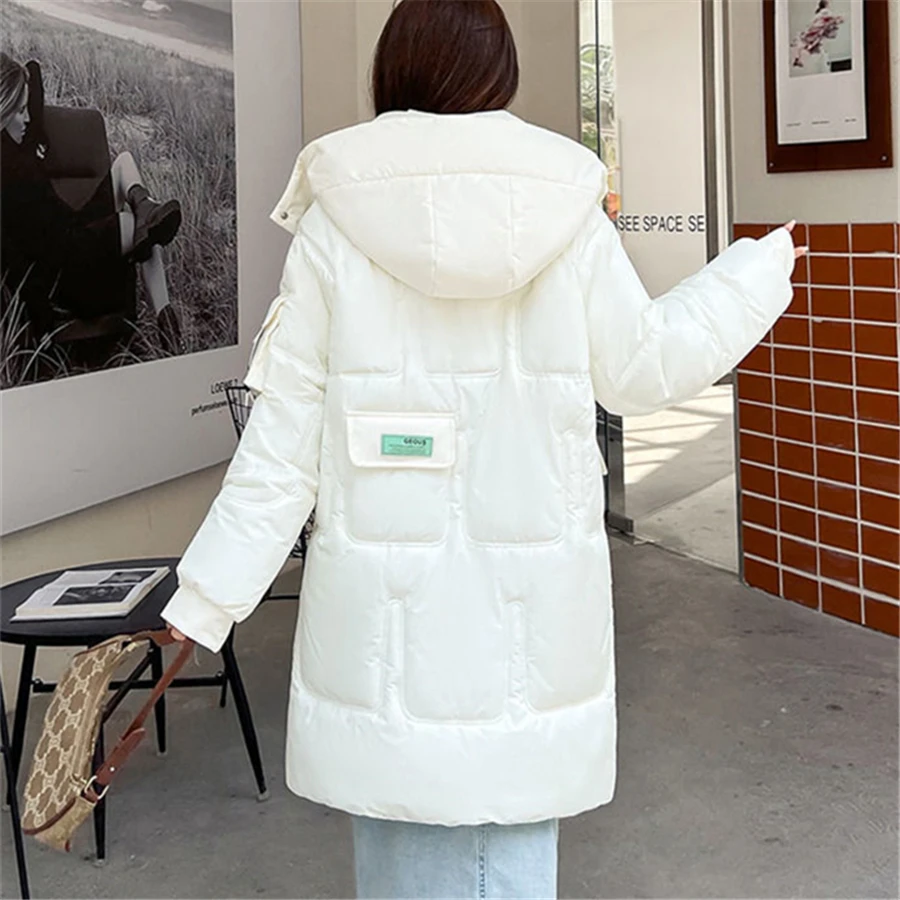 Mid-length Winter Hooded Cotton Padded Warm Coat Women Thick Fluffy Parkas Snow Wear Outwear Loose Overcoat Windbreaker Jackets