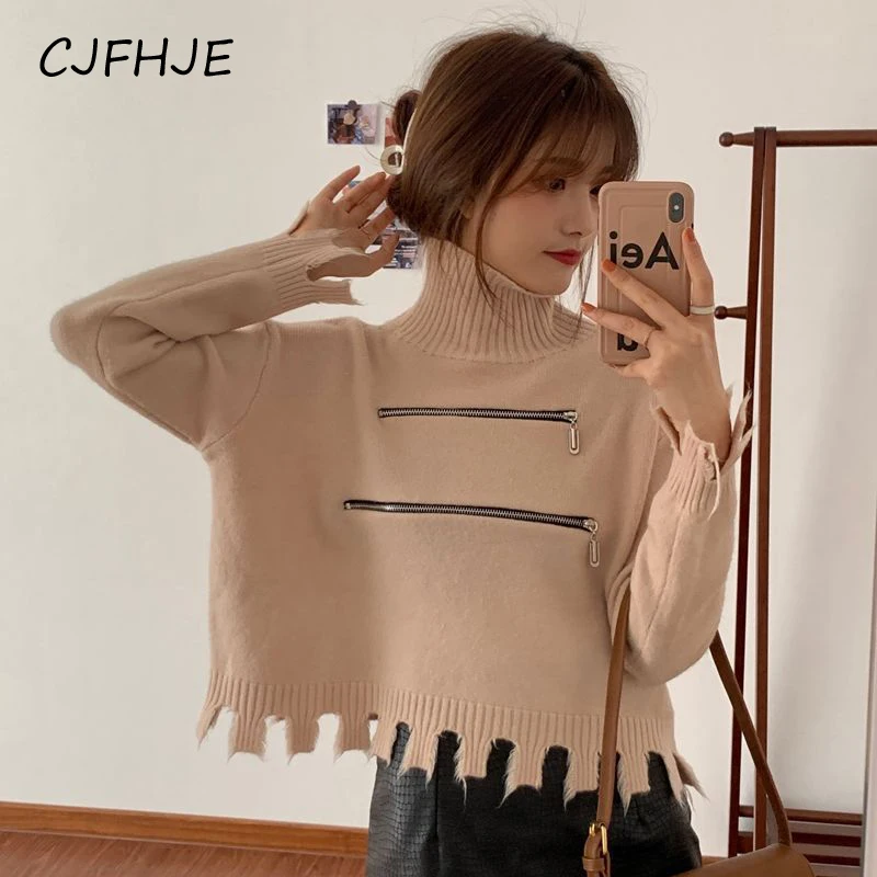 CJFHJE Укороченный свитер Y2K с высоким воротником женские вязаные пуловеры на